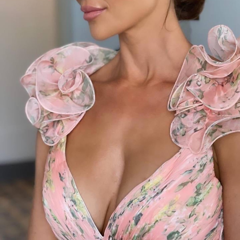 Mac Duggal RUFFLE TIERED FLORAL CUT-OUT CHIFFON GOWN pink/multi Size 2